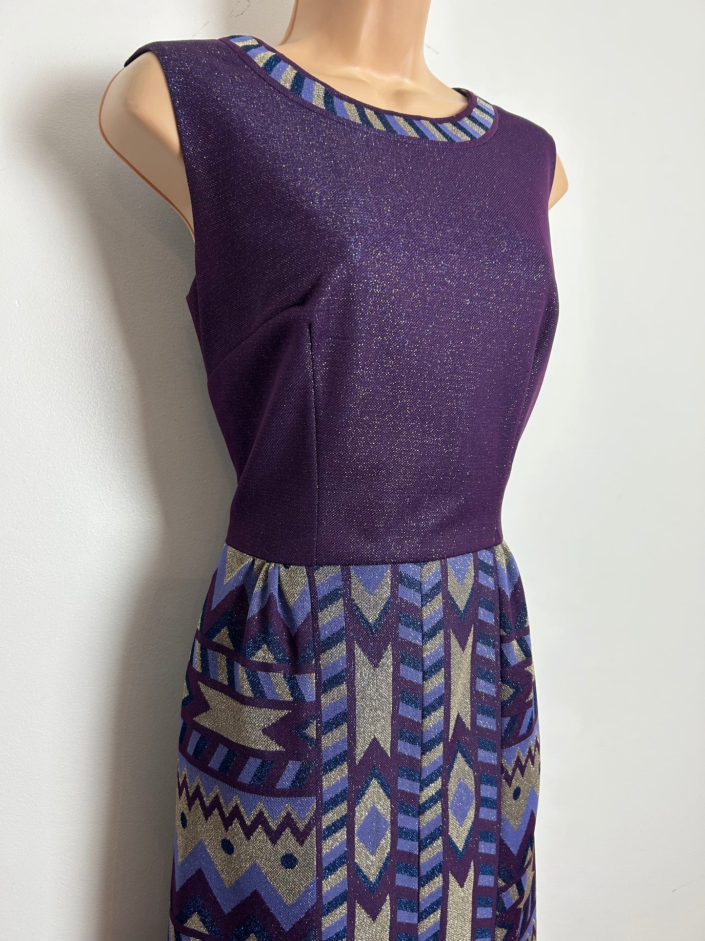 Vintage 1970s Size 12 Purple Blue & Silver Abstract Print Lurex Occasion Evening Maxi Dress