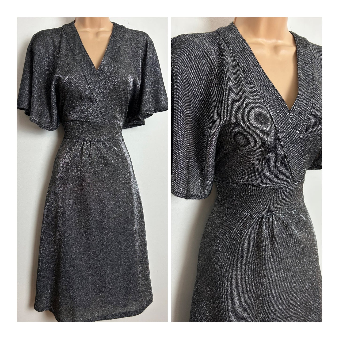 Vintage 1970s ARIES Size 10 Black & Silver Lurex Glittery Flutter Sleeve Tie Back Xmas Party Evening Dress