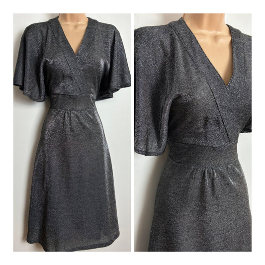 Vintage 1970s ARIES Size 10 Black & Silver Lurex Glittery Flutter Sleeve Tie Back Xmas Party Evening Dress