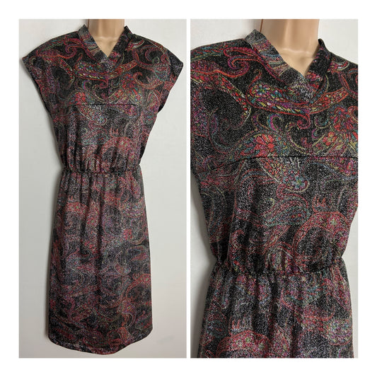Vintage 1980s UK Size 12-14 Black Pink & Orange Lurex Floral & Paisley Print Short Cap Sleeve Dress