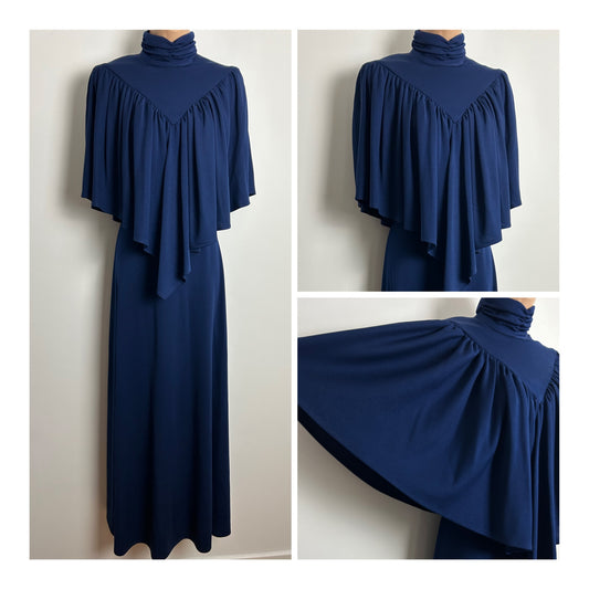 Vintage 1970s C&A Size 10 Navy Blue Cape Sleeve Bertha Collar Evening Occasion Maxi Dress