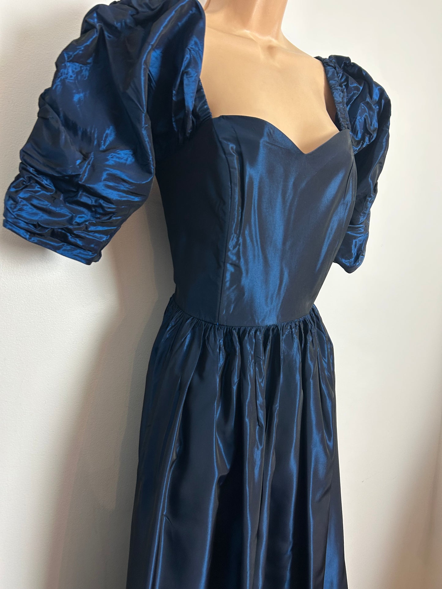 Vintage 1980s LAURA ASHLEY Made In Rep of Ireland Size 12 Midnight Blue Taffeta Maxi Length Evening Gown With Matching Bow Hair Clip
