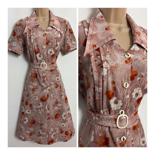 Vintage 1970s UK Size 12 Taupe & Rusty Brown Tones Floral Print Dagger Collar Belted Fit & Flare Dress