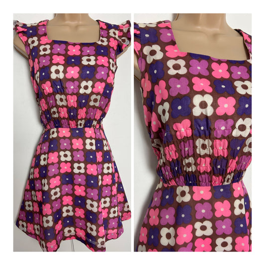 Vintage 1960s Size 8 Brown Pink & Purple Tones Floral Daisy Print Cotton Mix Shirred Bodice Mini Mod Dolly Dress
