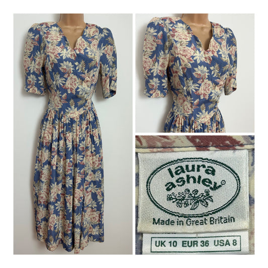 Vintage 1980s LAURA ASHLEY Size 8 (Size 10 On Label) Blue Pink & Beige Floral Print Pleated Tea Dress