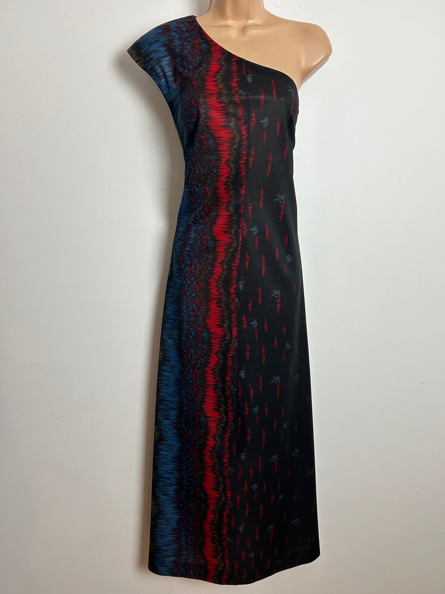 Vintage 1970s Size 8 Black Red Blue & Brown Abstract Stripe Print One Shoulder Column Maxi Dress