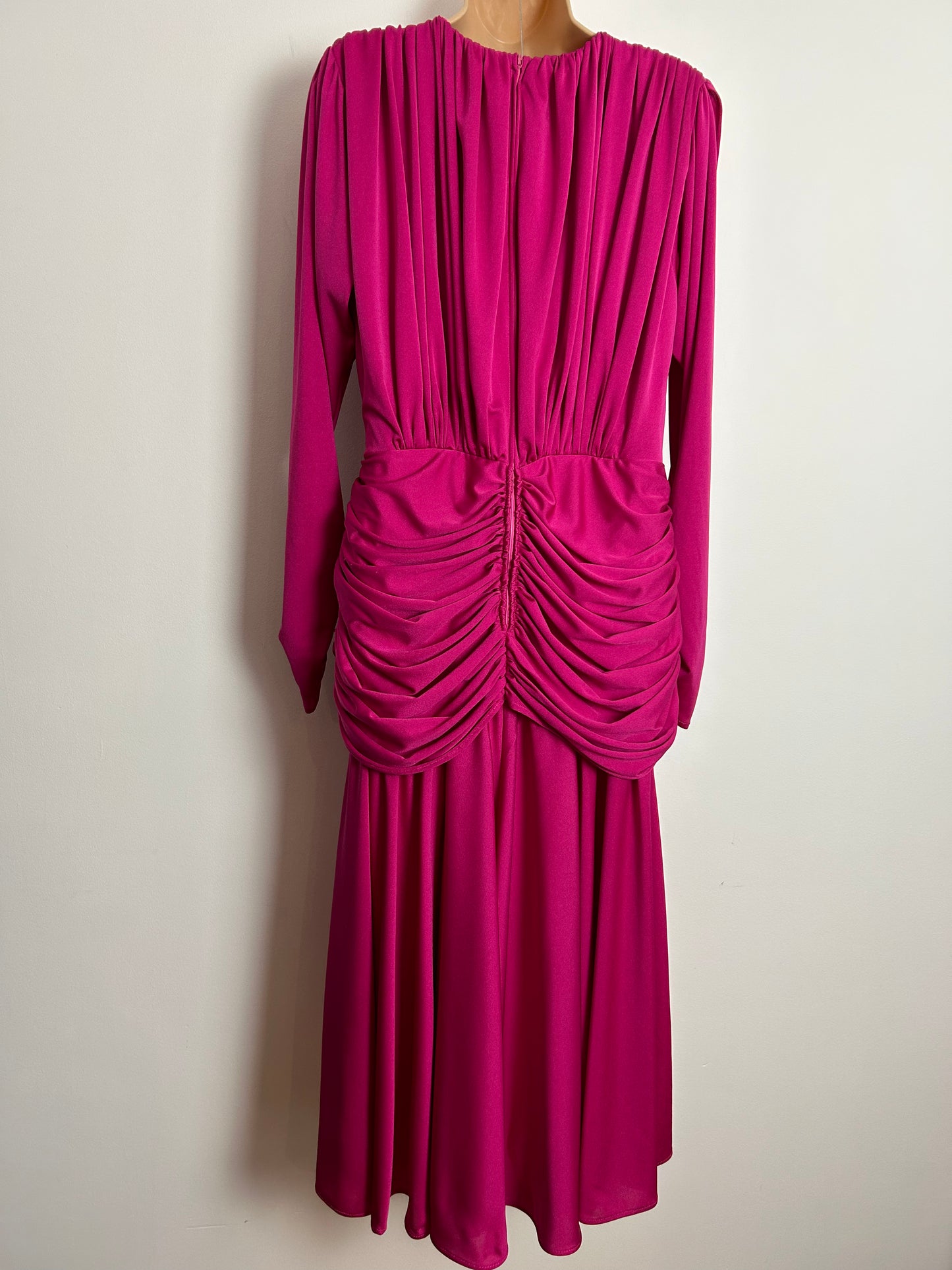 Vintage 1980s JAHN & PILL COLLECTION UK Size 14 Hot Pink Surplice Neckline Long Sleeve Ruched Sequin Applique Occasion Party Evening Dress