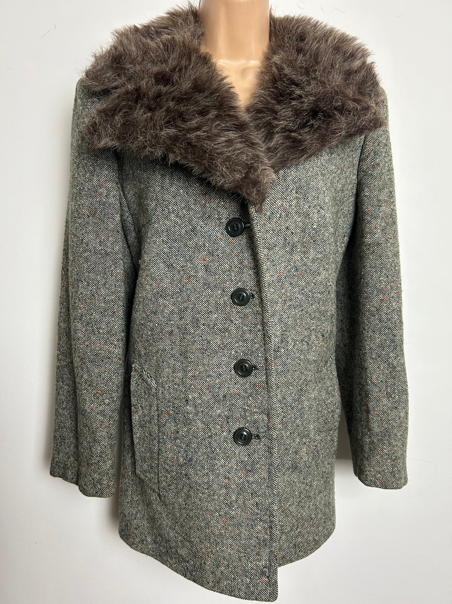 Vintage 1970s ELDAMO Size 12 Tweed Wool Pea Coat With Faux Fur Collar