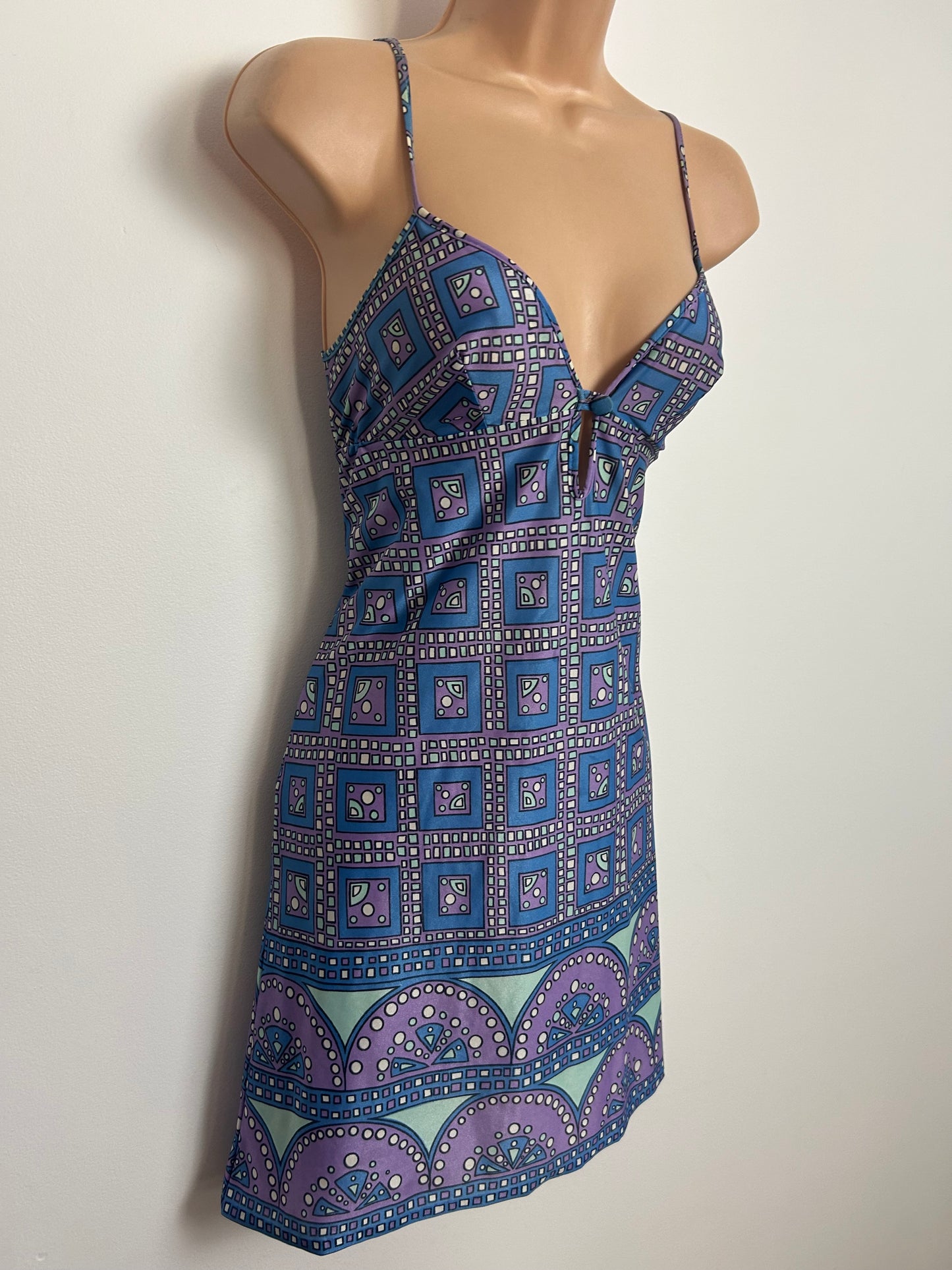 Vintage 1970s PIPPA DEE Size 8 Blue Lilac & Mint Green Geo Print Summer Sun Dress