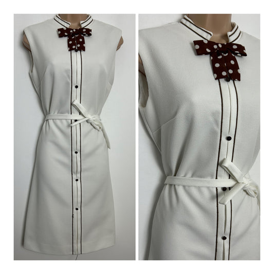 Vintage 1960s Size 12 Off White & Brown Piping Trim Sleeveless Belted Bow Tie Detail Mod Dress