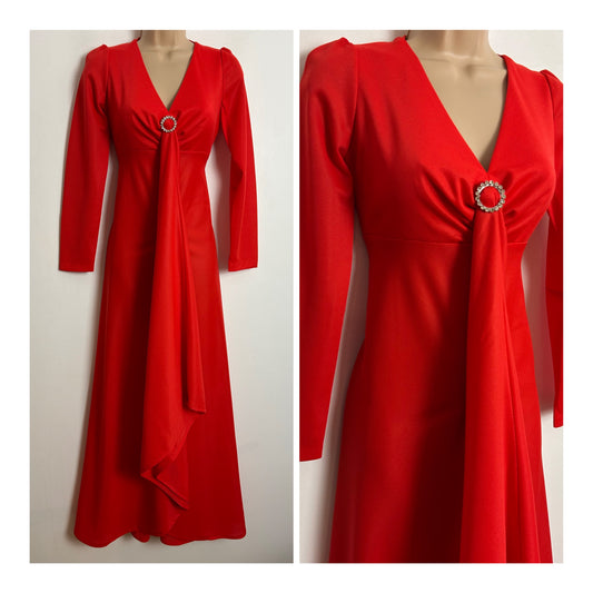 Vintage 1970s UK Size 8 Red Drape Front Long Sleeve Occasion Evening Maxi Dress