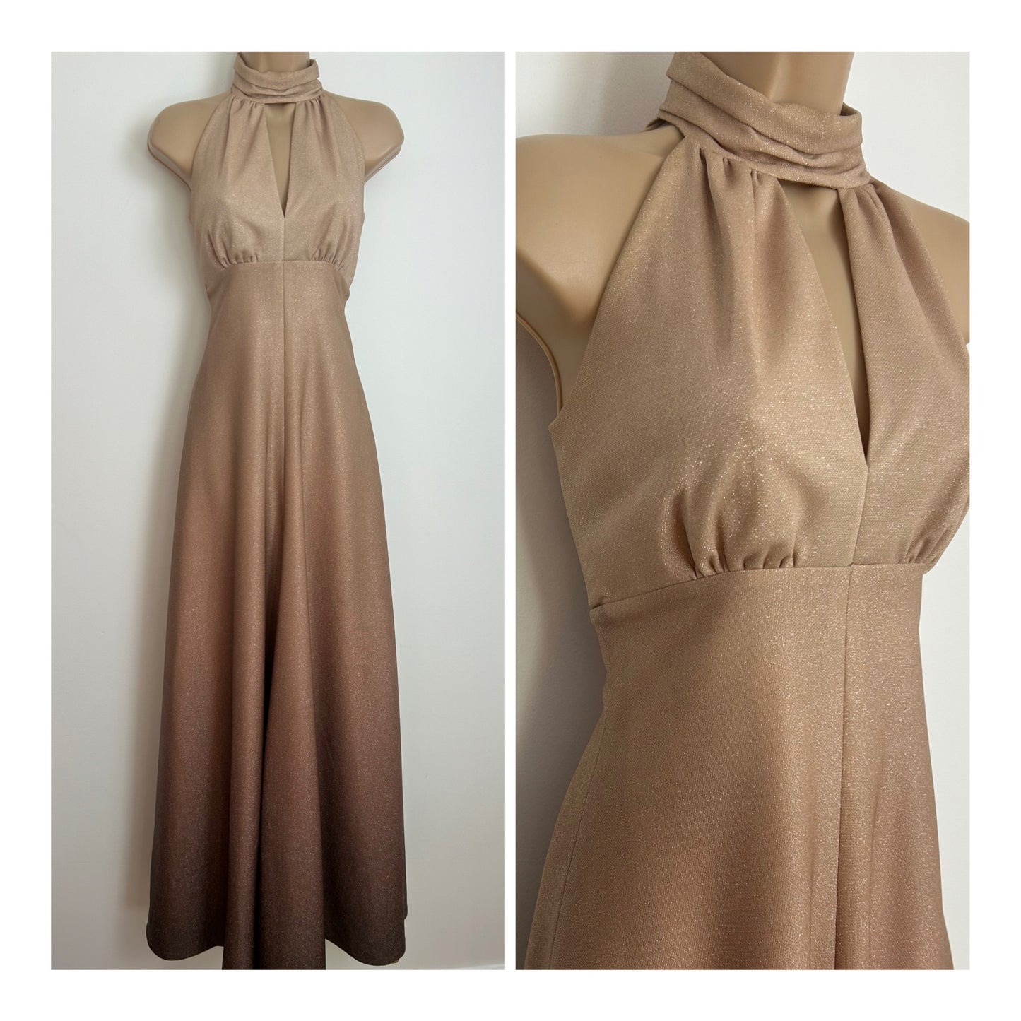 Vintage 1970s Size 6-8 Gold Ombre Sleeveless Keyhole Lurex Occasion Maxi Dress