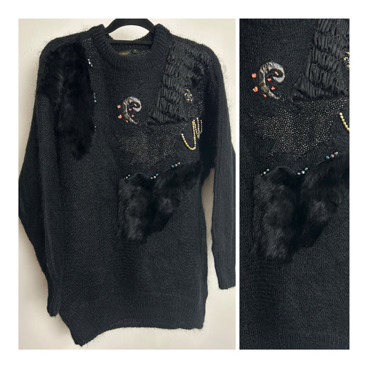 Vintage 1980s Up To Size 14 Black Fur Chain & Bead Applique Detail Slouchy Mohair Mix Jumper