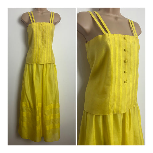 Vintage Late 1970s TRISTAN MANUEL Size 6-8 Yellow Cotton Mix Maxi Skirt & Top Co-Ord Two Piece Set