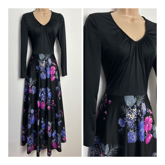 Vintage 1970s Size 8 Pretty Black Pink & Lilac Floral Print Long Sleeve Maxi Dress