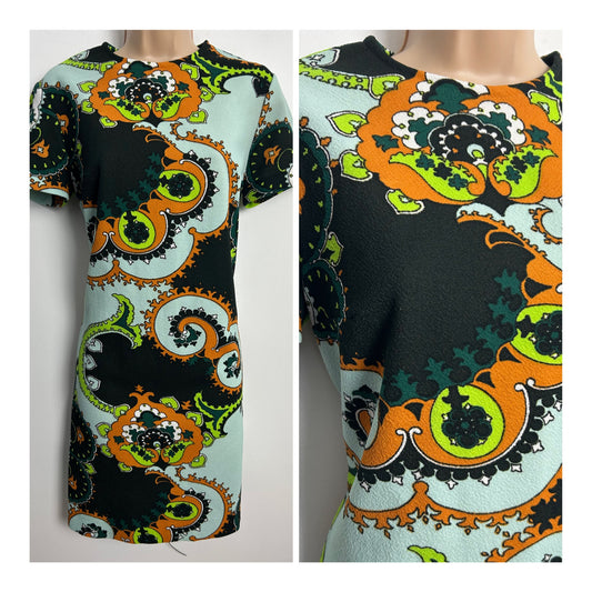 Vintage 1960s Size 12-14 Duck Egg Blue Black Orange & Green Nouveau Floral Print Mod Shift Dress