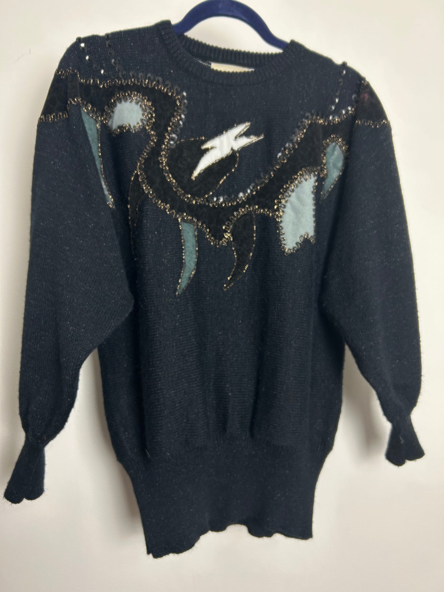 Vintage 1980s SERGIO RICO Size 12-14 Black Braid & Applique Detail Long Sleeve Slouchy Jumper