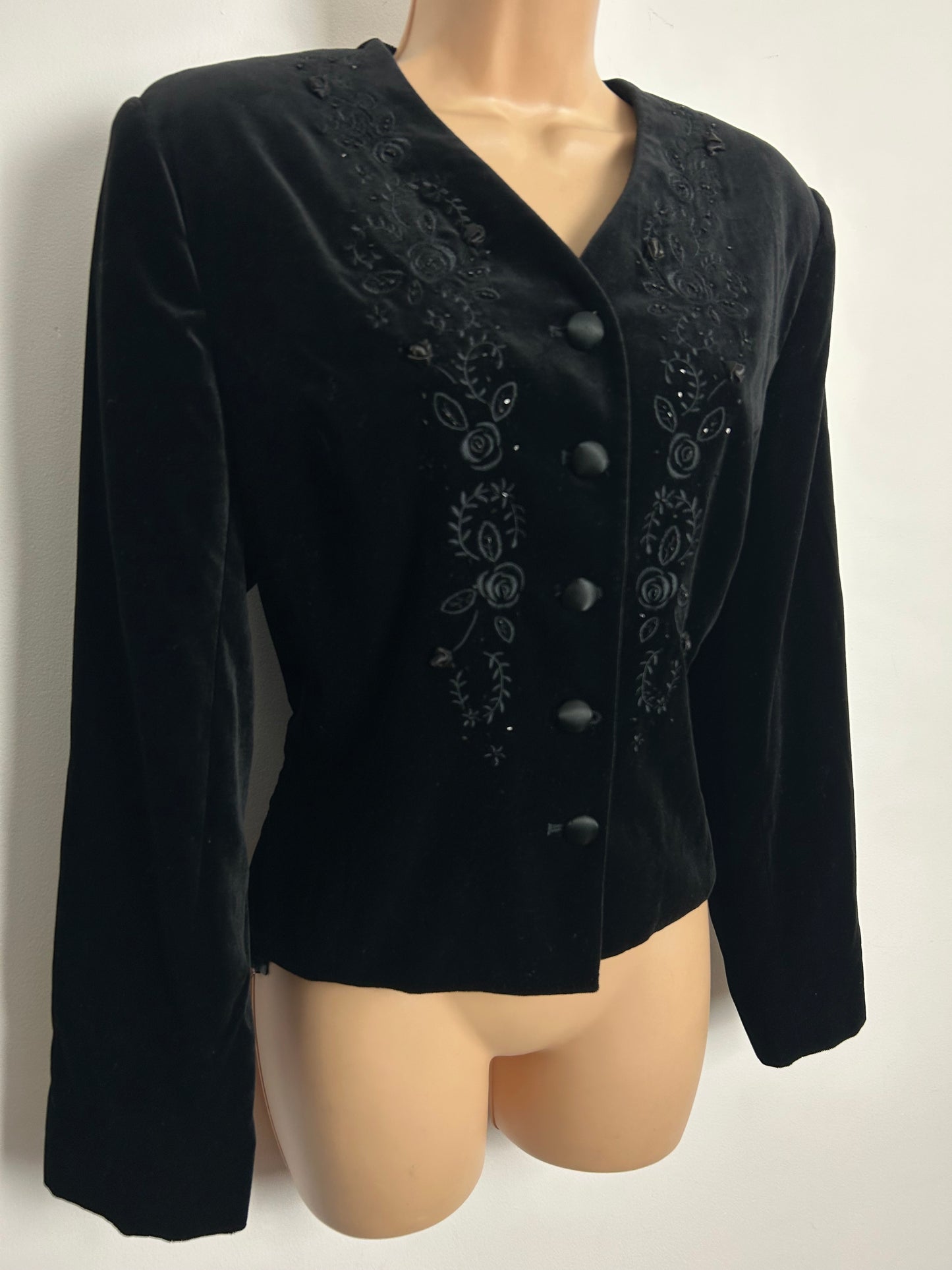 Vintage 1990 LAURA ASHLEY Size 12 Black Velvet Embroidered Bead Detail Jacket