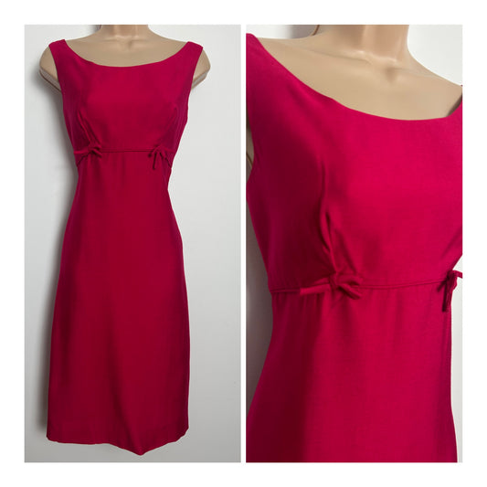 Vintage 1960s Size 8-10 Fuchsia Pink Sleeveless Bow Detail Wiggle Dress