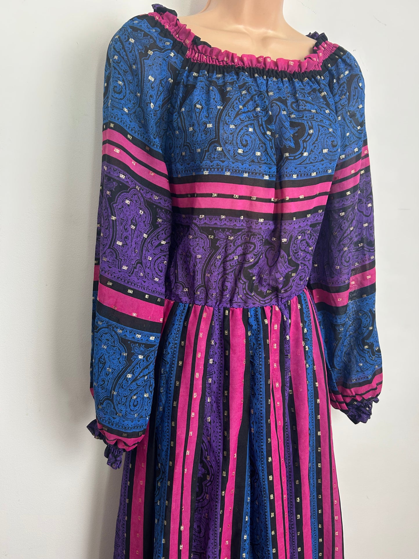 Vintage 1970s PEGGY LANE Size 10 Blue Purple Pink & Gold Stripe Lurex Occasion Dress