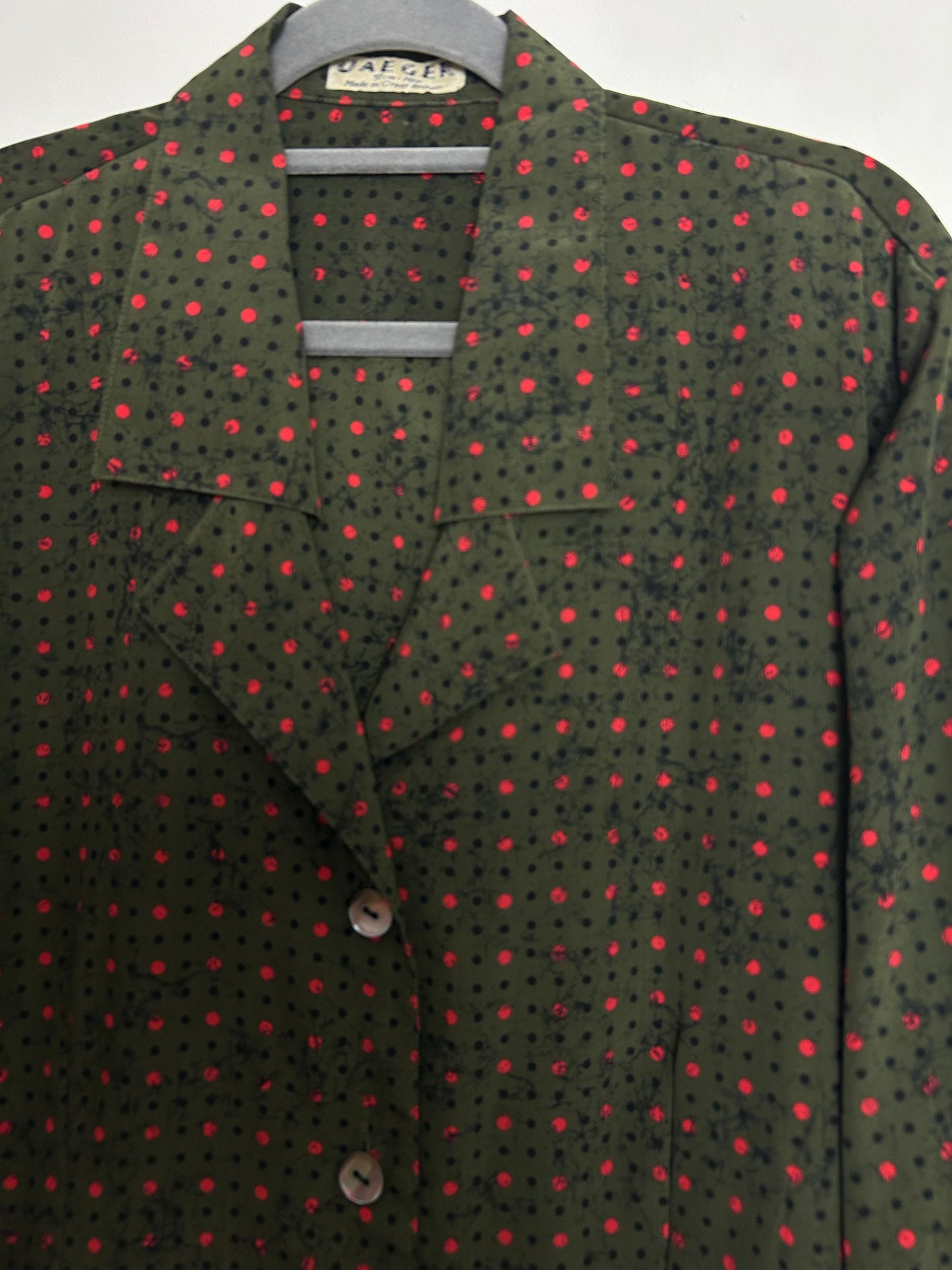 Vintage 1970s JAEGER Size 14 Dark Green Red & Black Polka Dot Print Long Sleeve Blouse/Top