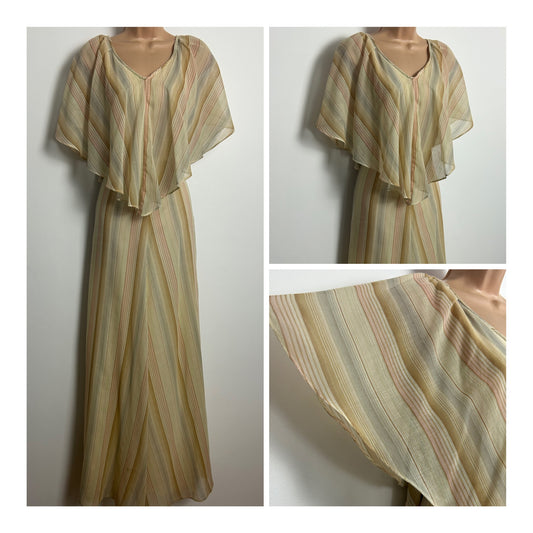 Vintage 1970s RICHARD SHOPS Size 10-12 Cream Beige & Pink Stripe Cotton Mix Boho Maxi Dress