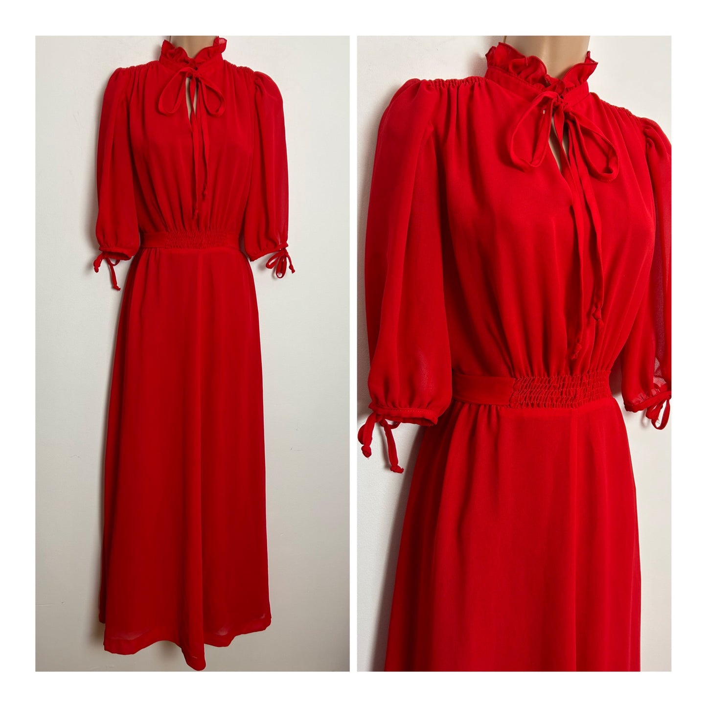 Vintage Early 1980s UK Size 10 Red Tie Back Mid Length Sleeve Tie Back Boho Maxi Dress