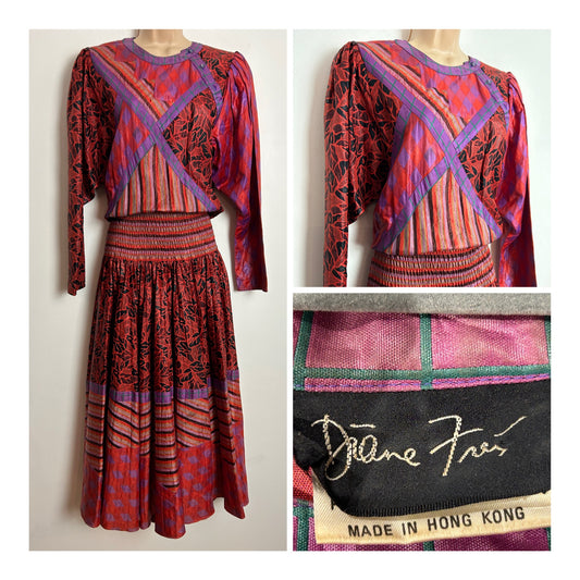 Vintage 1980s DIANE FREIS UK Size 12 AMAZING Orange Mix Abstract Print Long Sleeve Maxi Dress