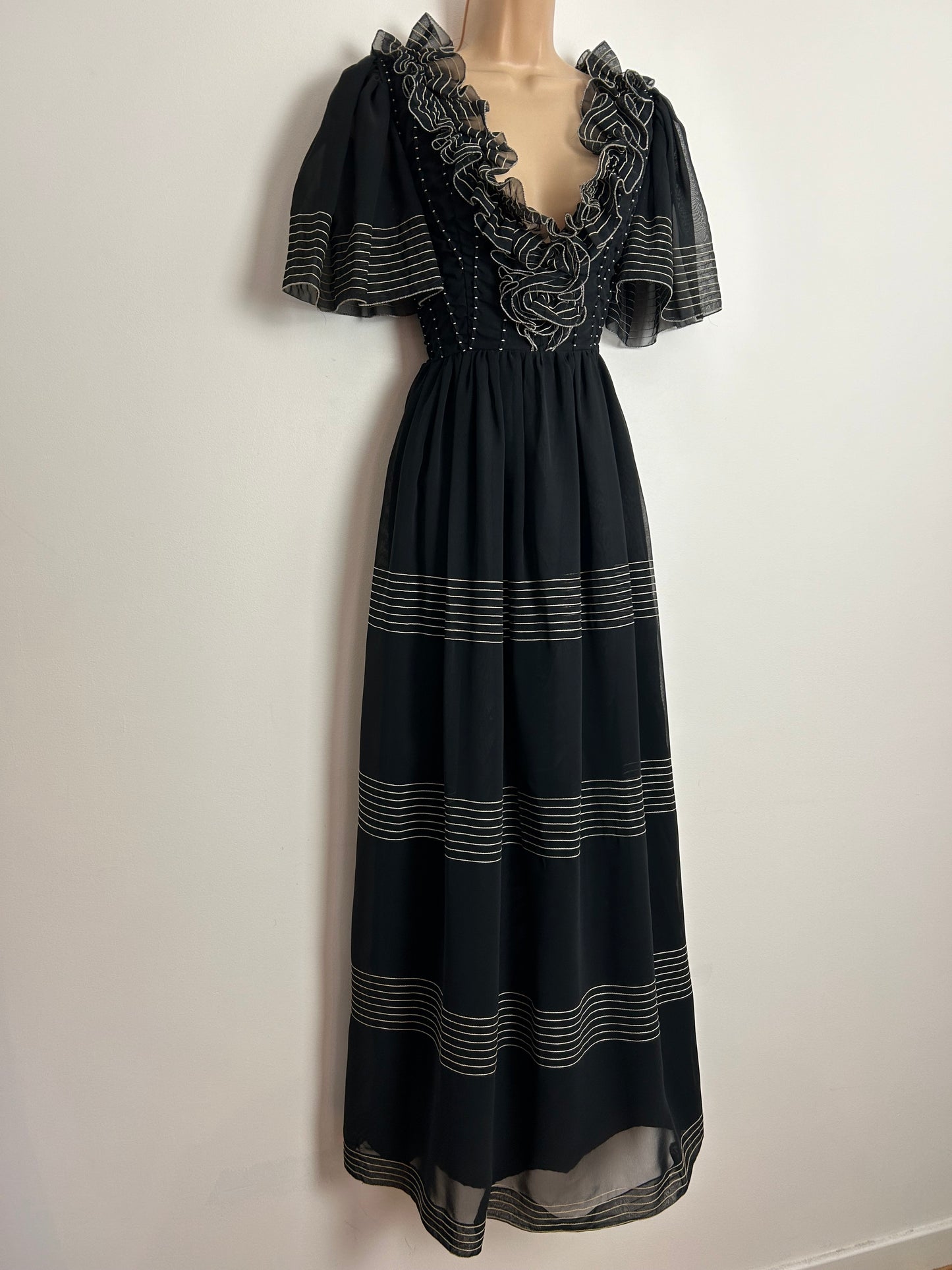 Vintage 1970s JEAN VARON Approx UK Size 10-12 Black Stitch Stripe Detail Tassel Back Ruffle Trim Occasion Evening Maxi Dress