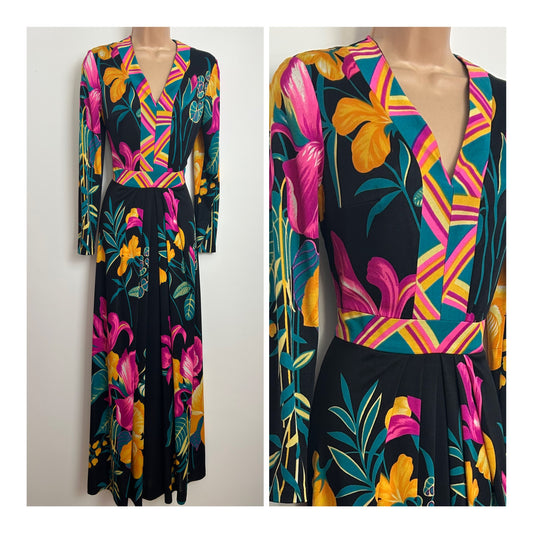 Vintage 1970s Size 10 Black Orange Pink & Teal Floral & Border Print Long Sleeve Occasion Maxi Dress