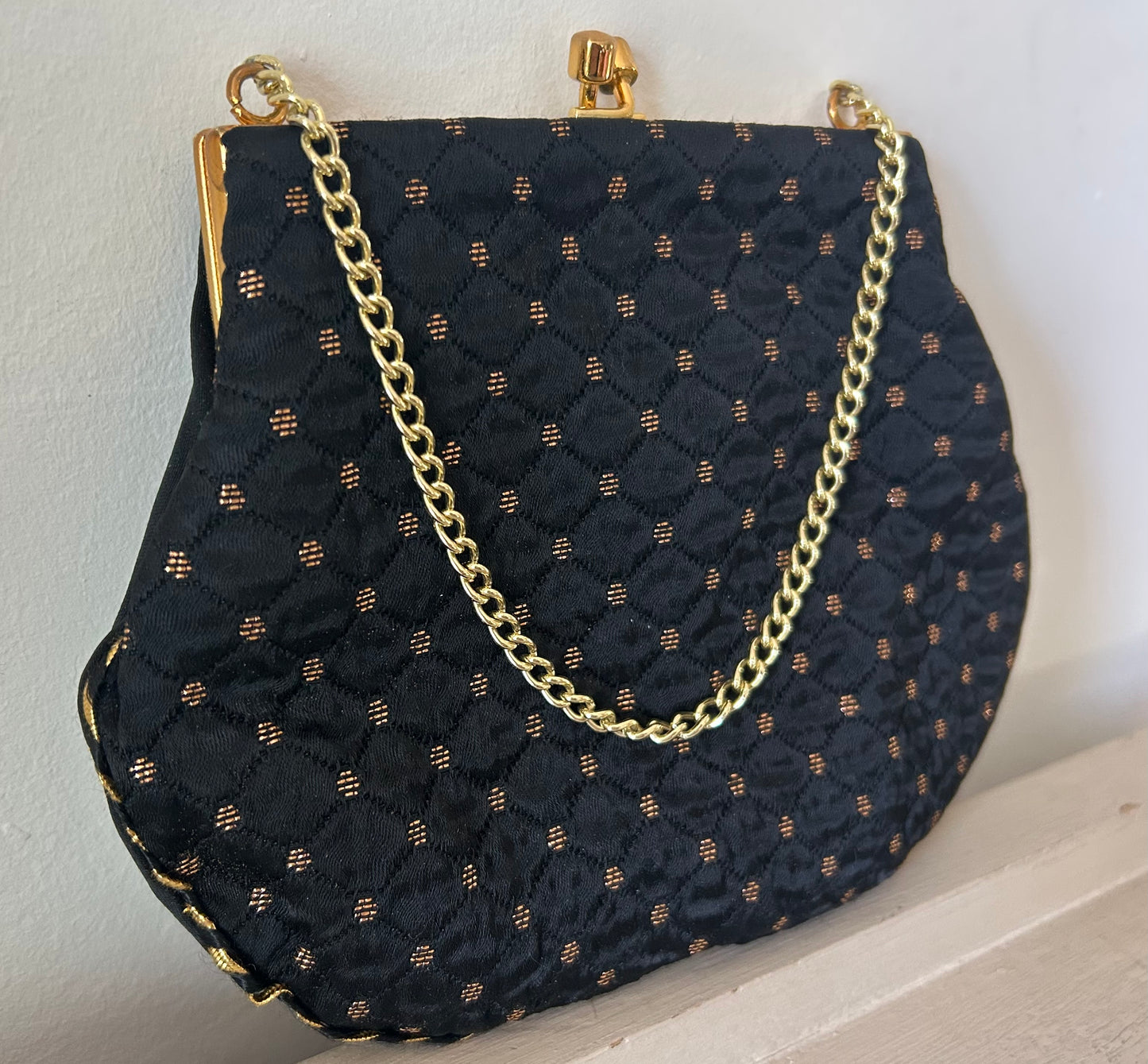 Vintage 1960s Small Black & Metallic Gold Satin Fabric Evening Bag With Chain Handle