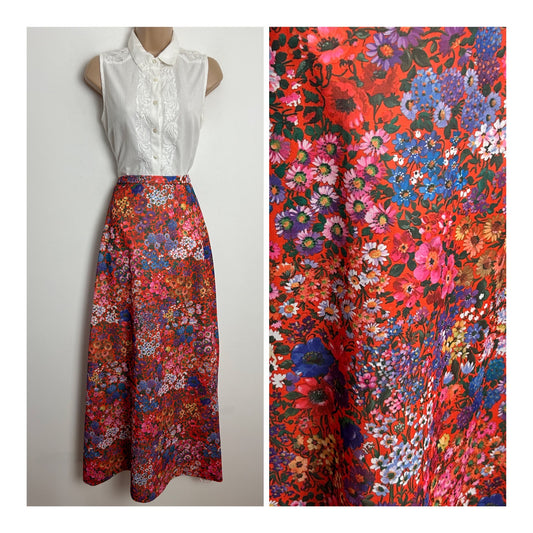 Vintage 1970s UK Size 8 Red Blue Purple & Pink Floral Print Boho Maxi Skirt