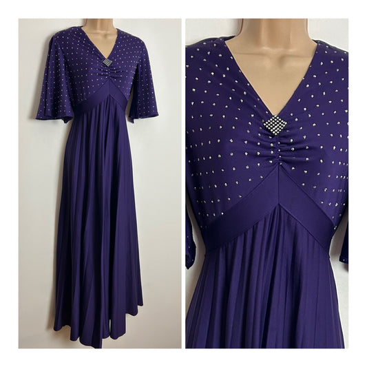 Vintage 1970s MAG FORTAIL UK Size 10 Purple & Silver Sequin Detail Pleated Occasion Maxi Dress