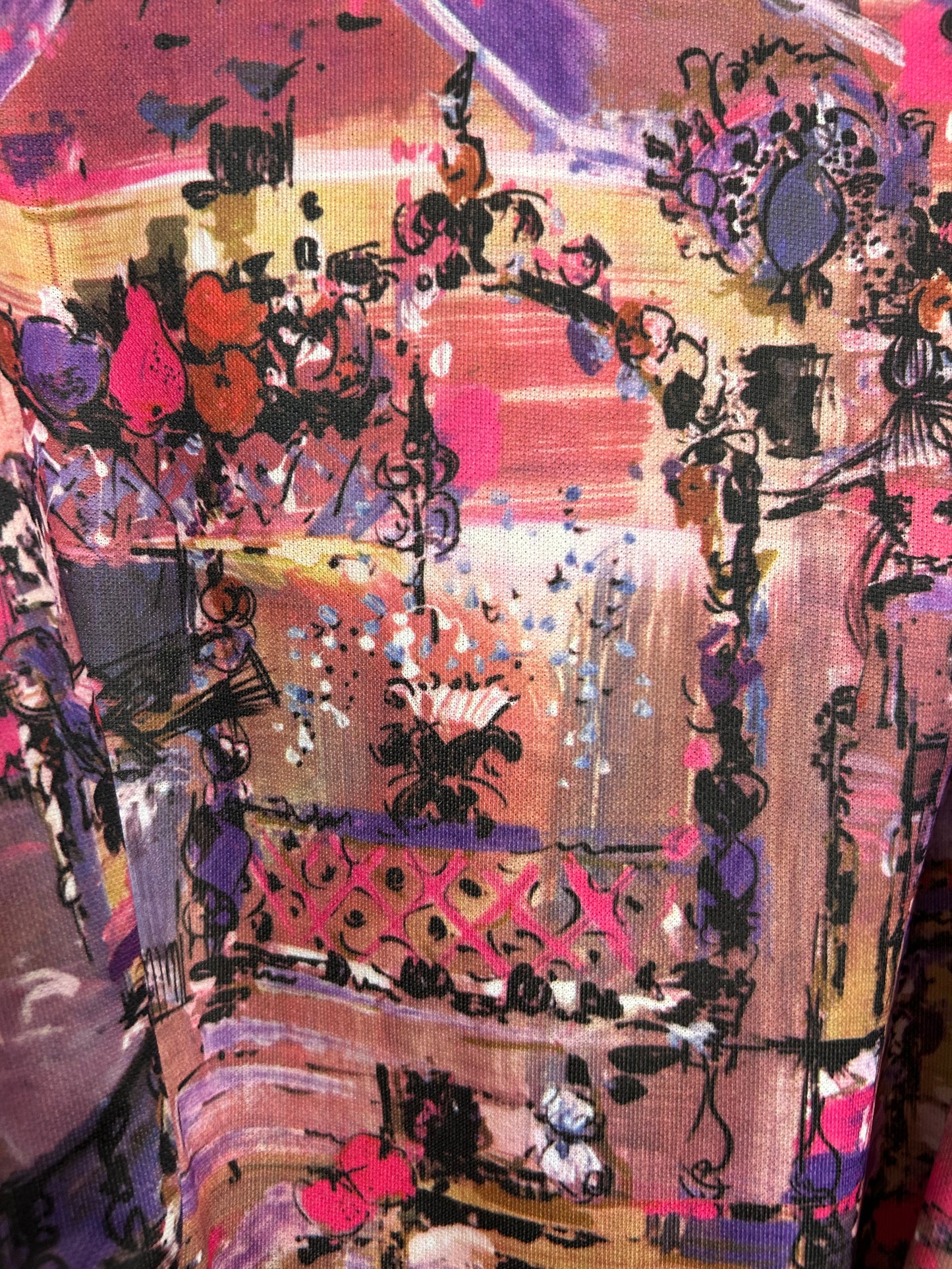 Vintage 1970s Size 14-16 Beige Purple & Pink Warm Tones Abstract Belted Day Dress