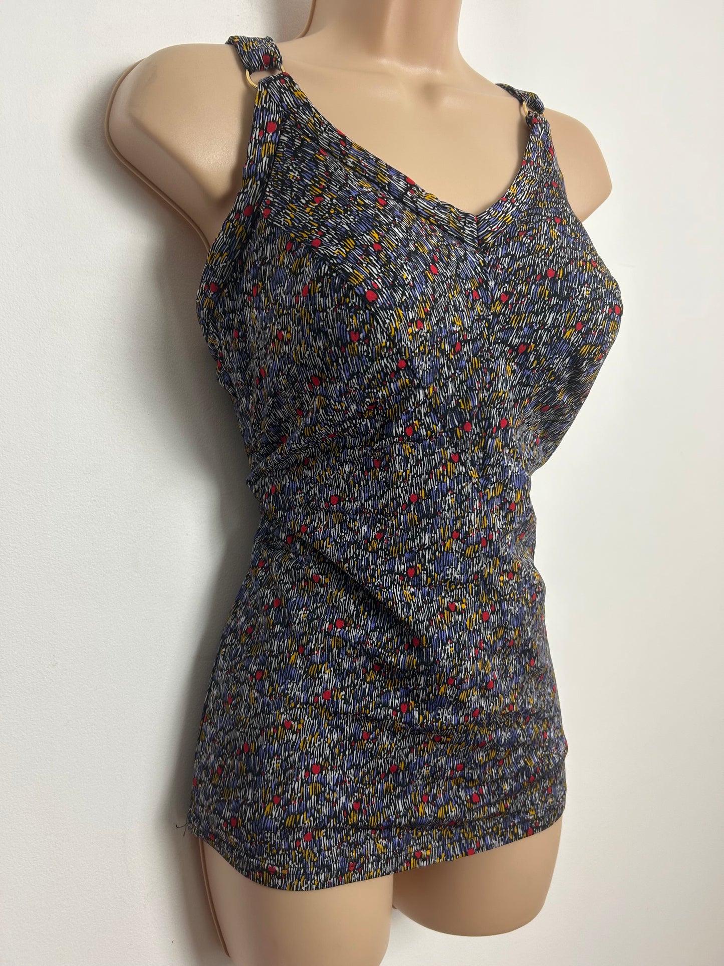 Vintage 1960s ANITA Size 14-16 Black Blue Red & Yellow Abstract Print Moulded Cup Skirted Swimsuit