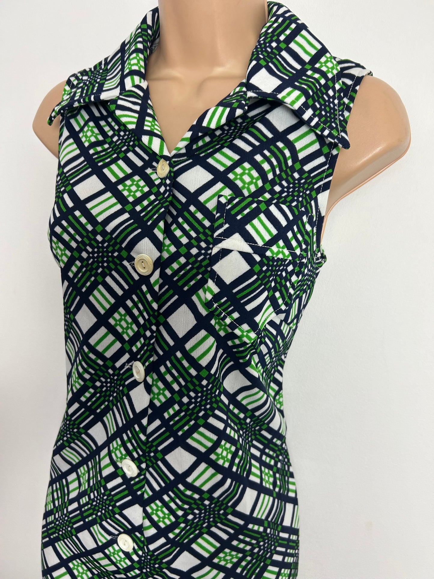 Vintage 1970s UK Size 12 ELIZABETH TEES Blue Green & White Check Print Sleeveless Mod Dress