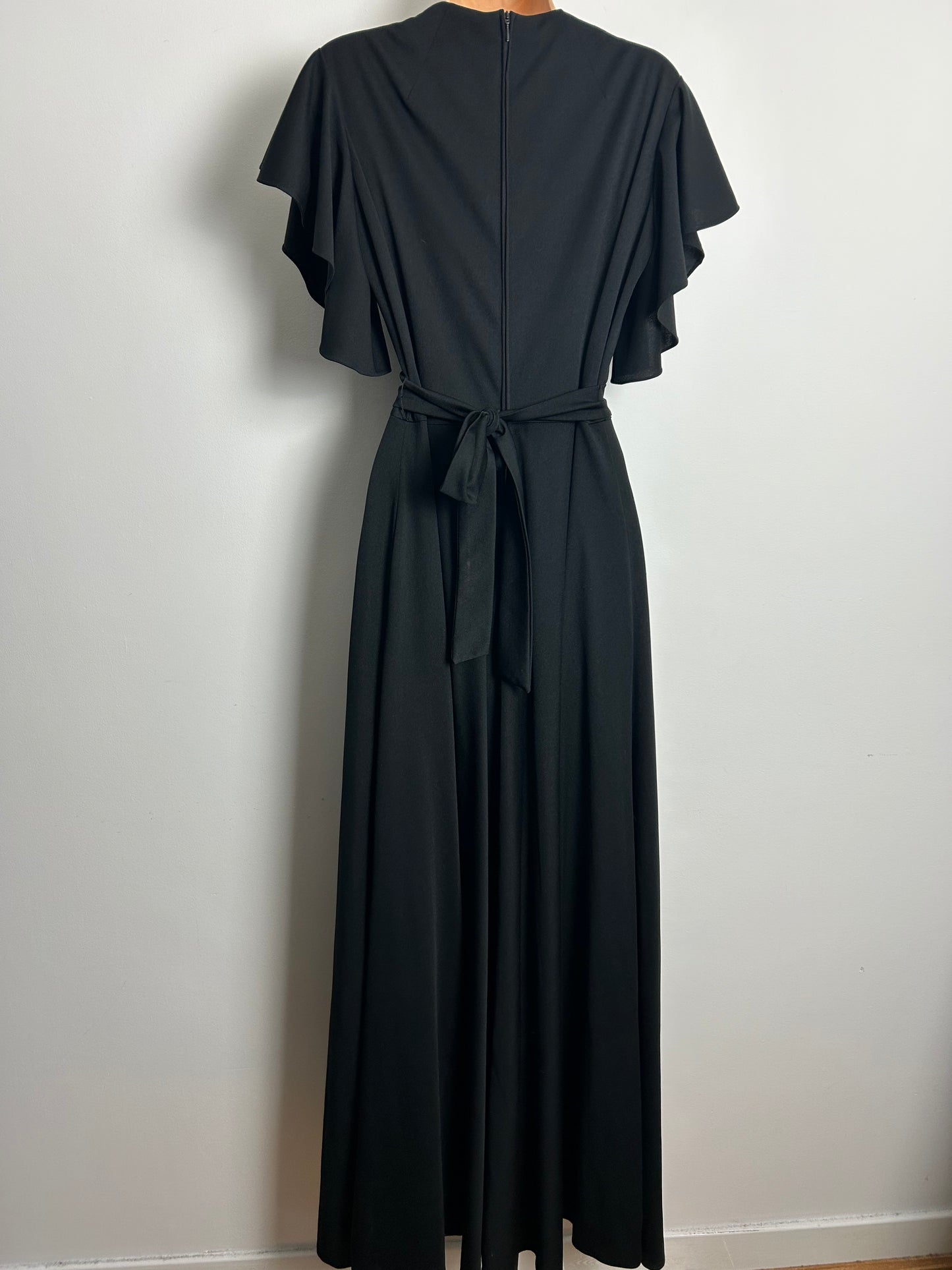 Vintage 1970s Size 14 Black Rhinestone Detail Ruffle Sleeve Tie Back Evening Maxi Dress