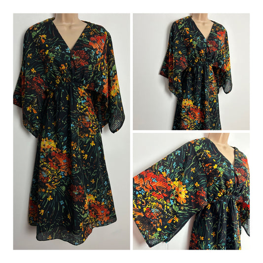 Vintage 1970s UK Size 14 Pretty Black Orange & Green Floral Print Mid Length Hanky Sleeve Midi Dress