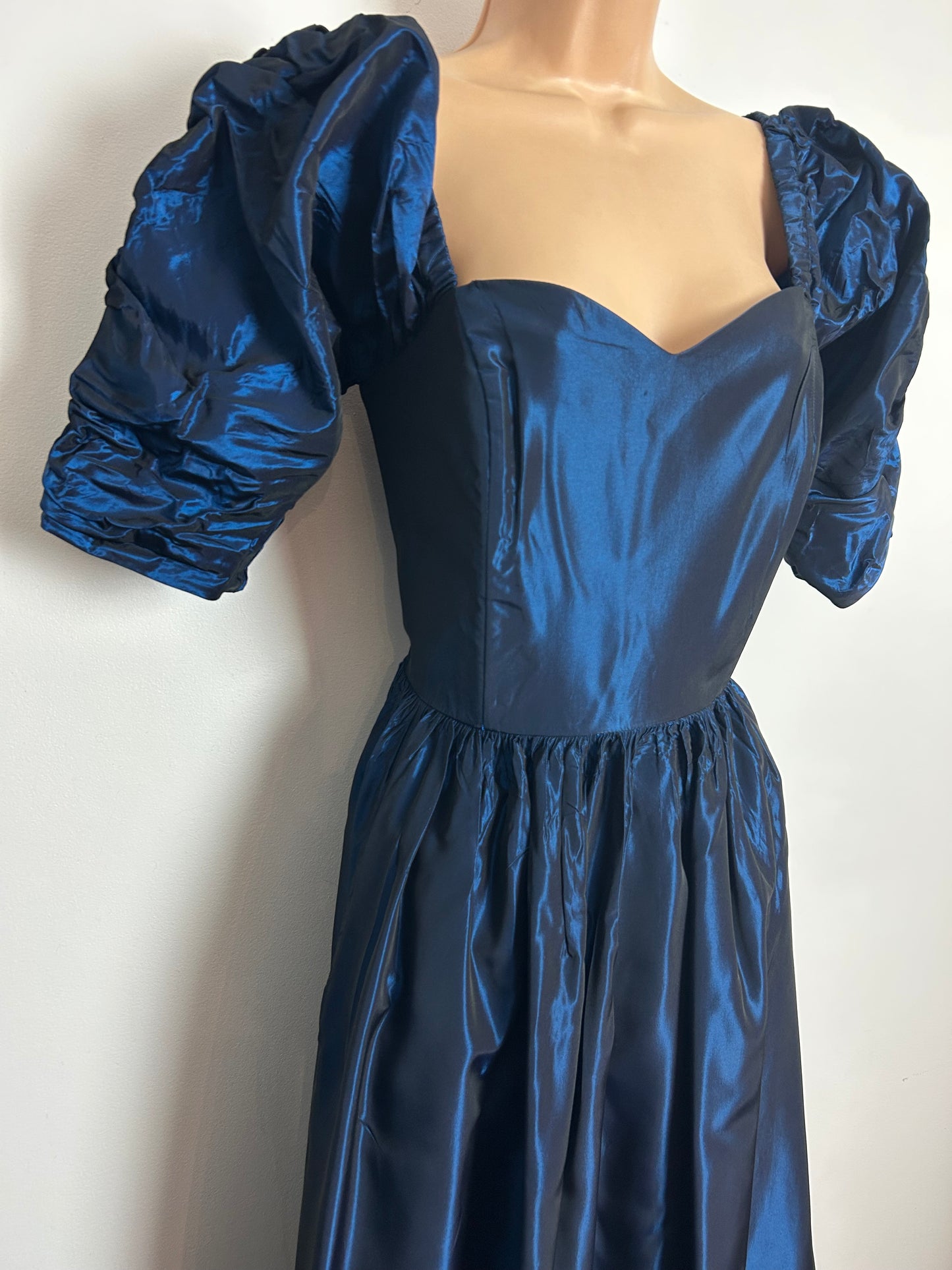 Vintage 1980s LAURA ASHLEY Made In Rep of Ireland Size 12 Midnight Blue Taffeta Maxi Length Evening Gown With Matching Bow Hair Clip