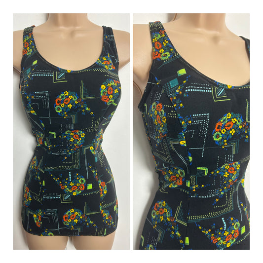 Vintage Late 1960s Size 14-16 Black Orange Blue & Green Floral & Geo Print Padded Cups Swimsuit