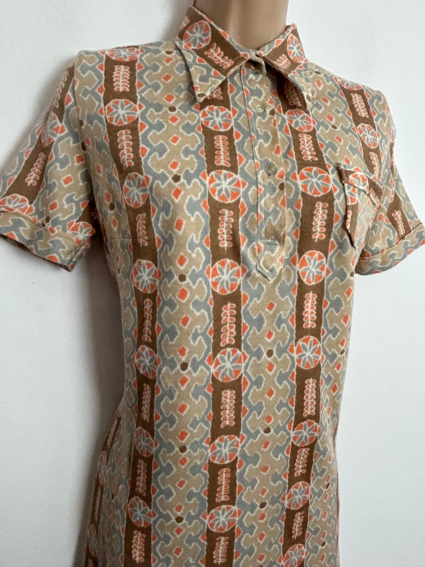 Vintage 1970s UK Size 8-10 ITALIAN Brown Beige Orange & Blue Abstract Print Short Sleeve Mod Shift Dress