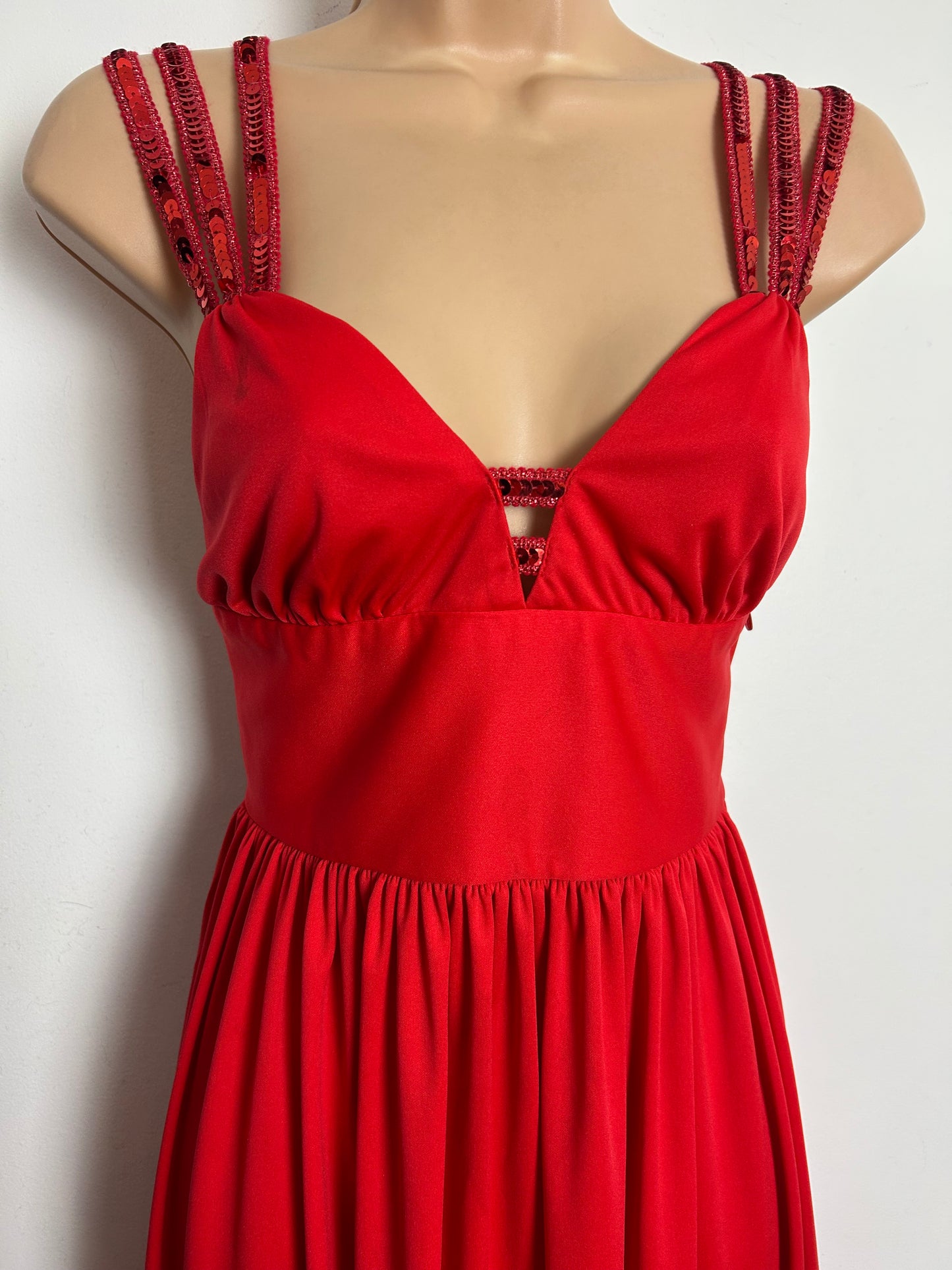 Vintage 1970s Size 6 Red Triple Sequin Strap Special Occasion Evening Maxi Dress