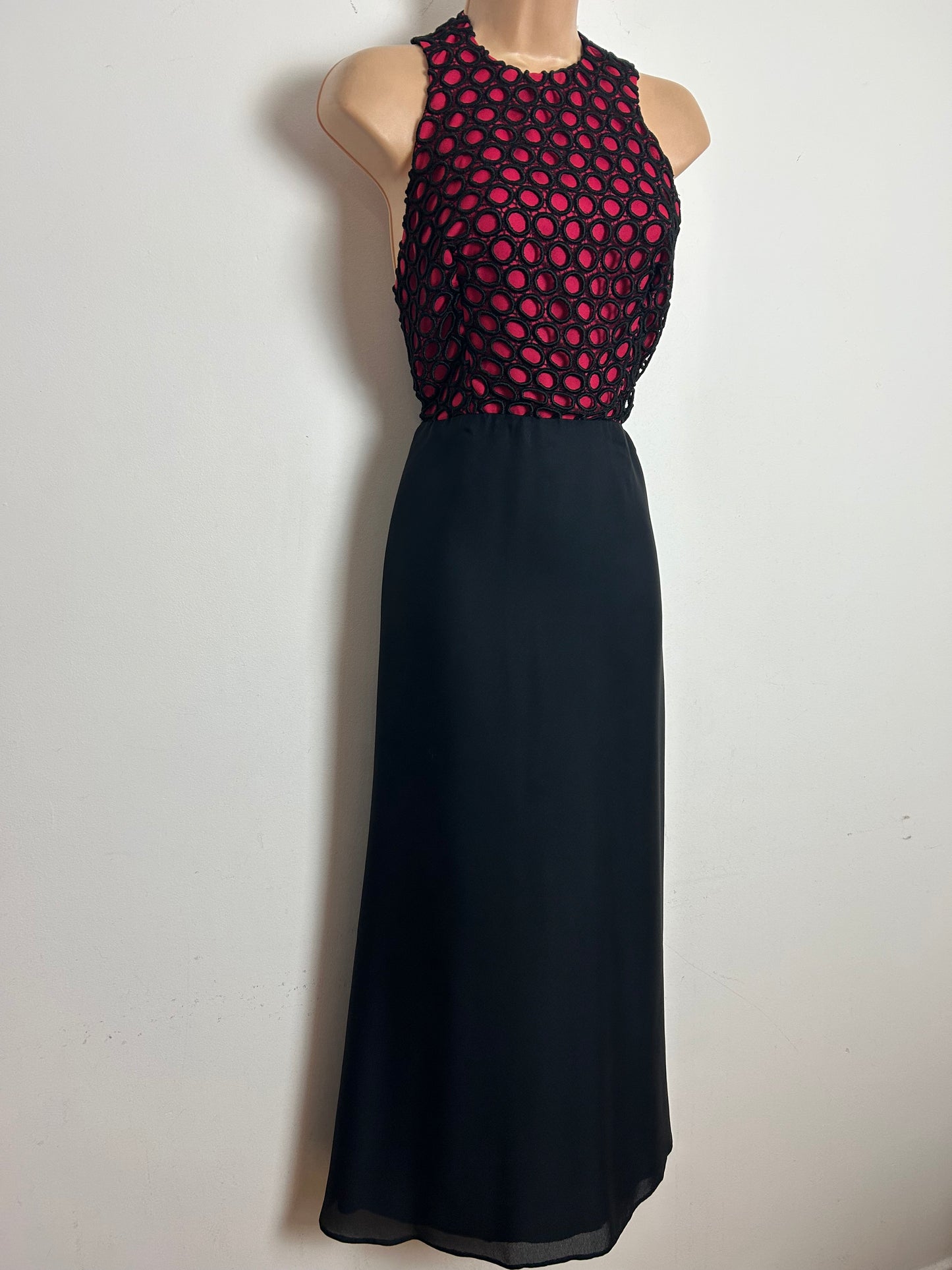 Vintage 1960s EMENSON Size 8 Black & Raspberry Crochet Overlay Halter Neck Occasion Maxi Dress