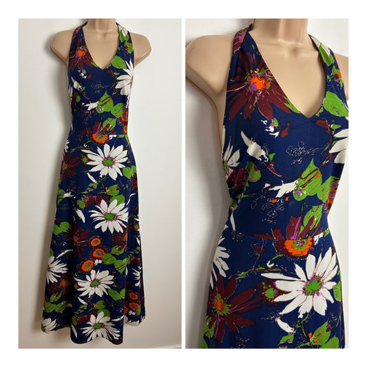 Vintage 1970s Size 8 Dark Blue White Orange Maroon & Green Floral Print Halterneck Maxi Dress