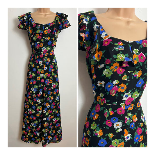 Vintage 1970s Size 10 Black Pink Orange & Blue Floral Print Ruffle Trim Sleeveless Maxi Dress
