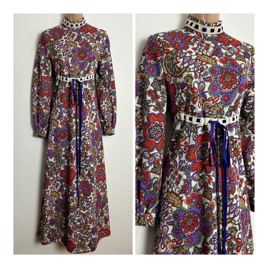 Vintage 1970s Homemade UK Size 12 White Purple Red Green Floral Print Long Sleeve Tie Waist Boho Maxi Dress