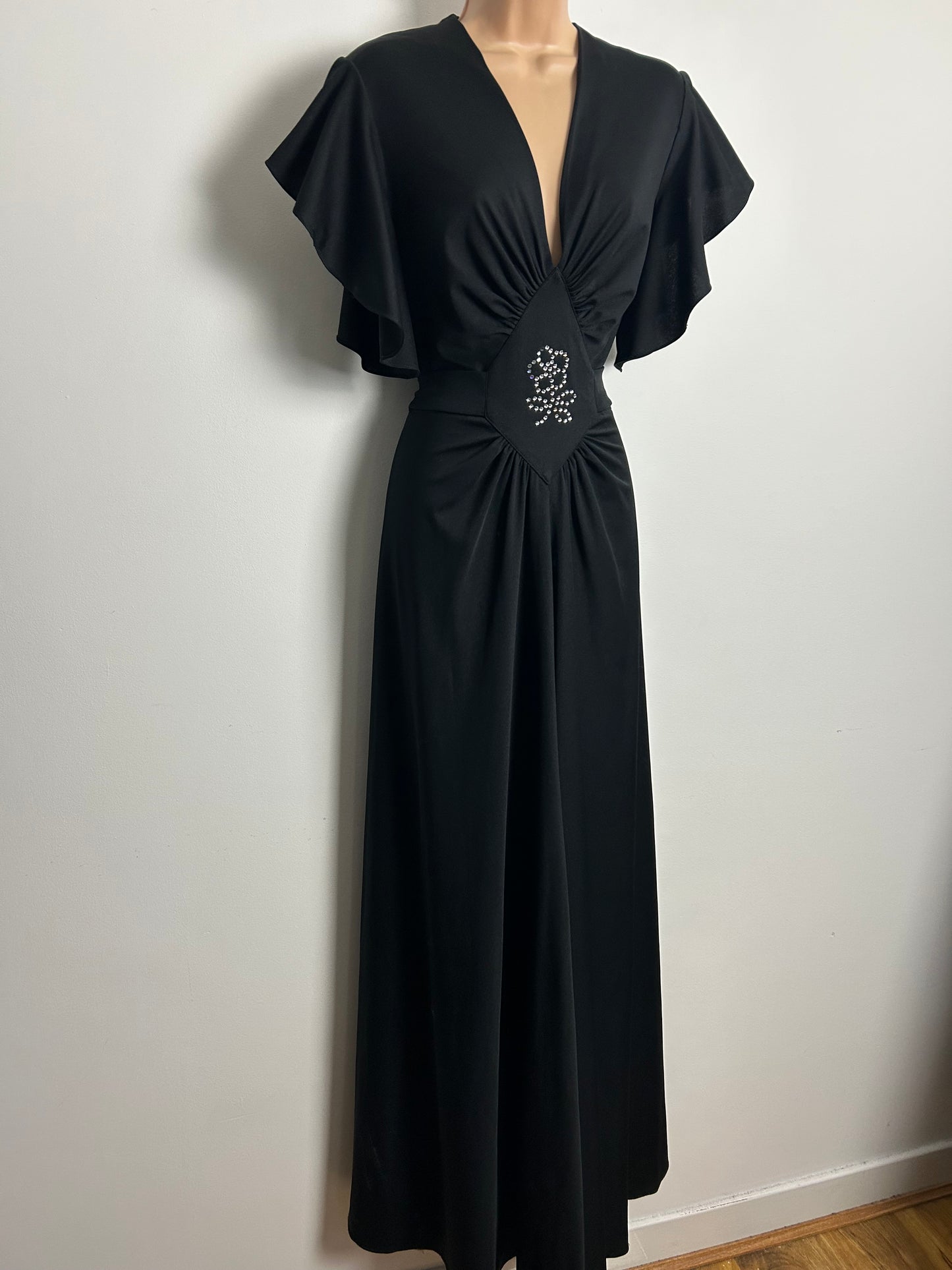 Vintage 1970s Size 14 Black Rhinestone Detail Ruffle Sleeve Tie Back Evening Maxi Dress