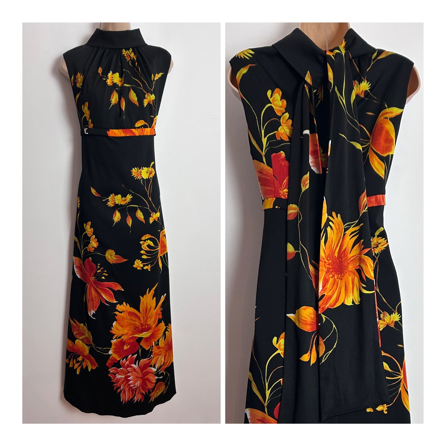Vintage 1970s KIO UK Size 12 Gorgeous Black Orange & Yellow Tones Floral Print Scarf Back Occasion Maxi Dress