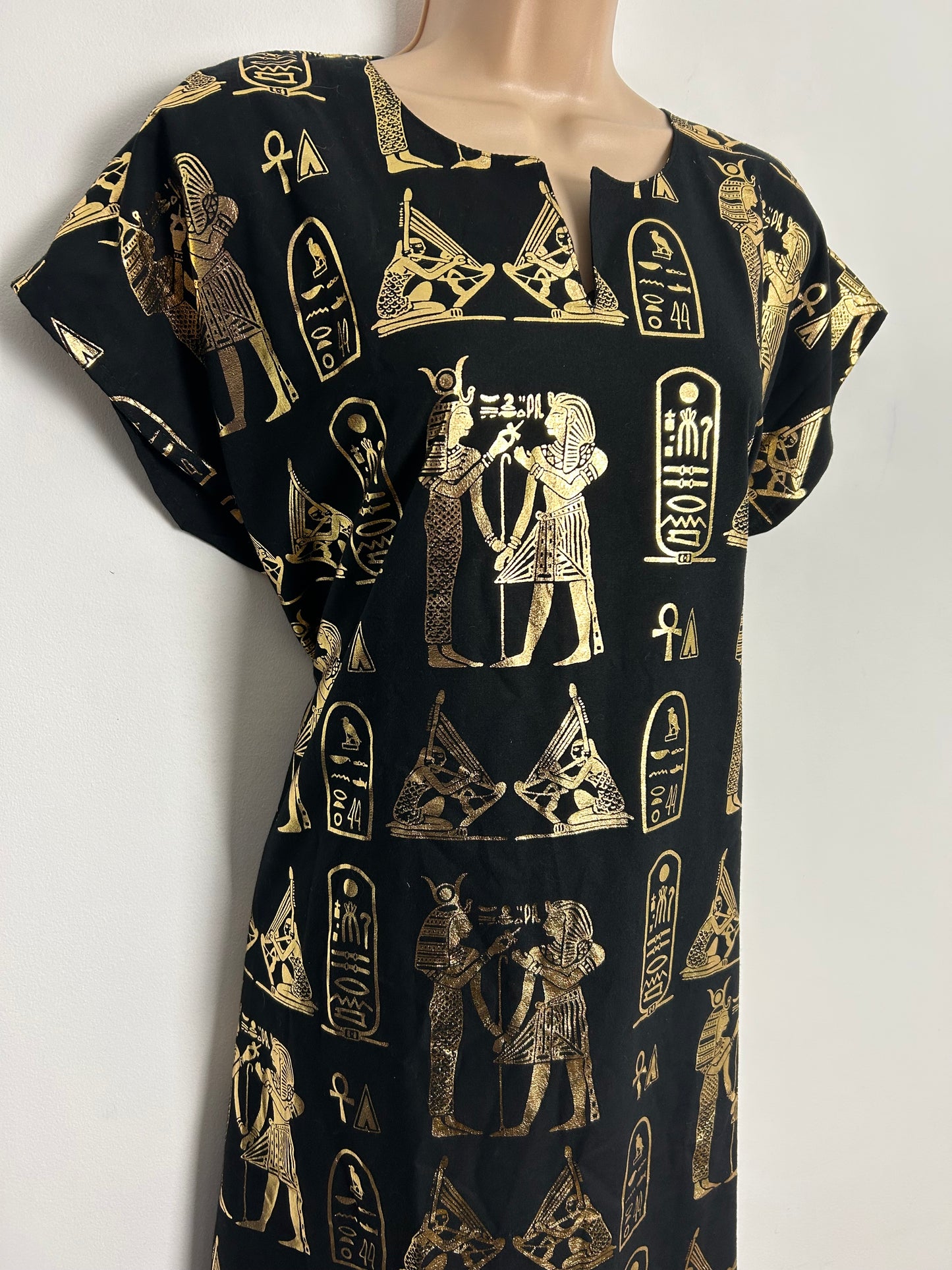 Vintage 1990s Y2K Up To Size 12/14 Black & Metallic Gold Egyptian Print Cotton Mix Kaftan