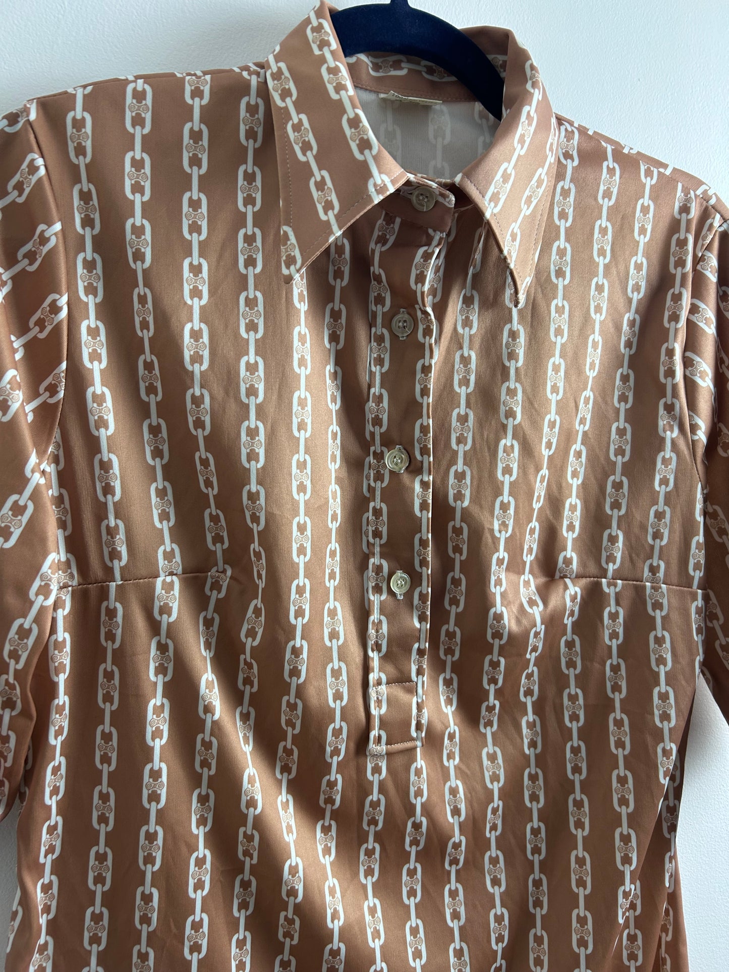 Vintage 1970s UK Size 12 Sandy Brown & White Abstract Chain Print Long Sleeve Shirt